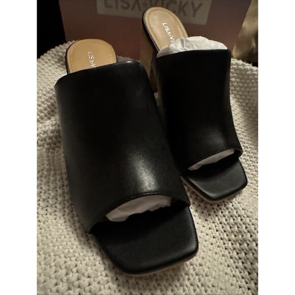 Lisa Vicky Shoes - Lisa Vicky Virtue V Heels Black Sheep Nappa Leather Block Heel Mule 9 M NIB